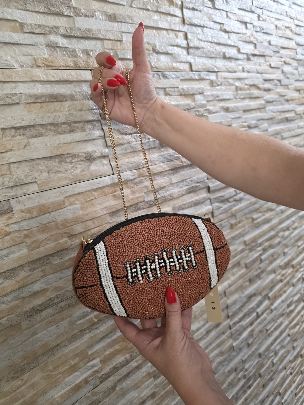 Beaded Football Crossbody Bag - Brown and White.
